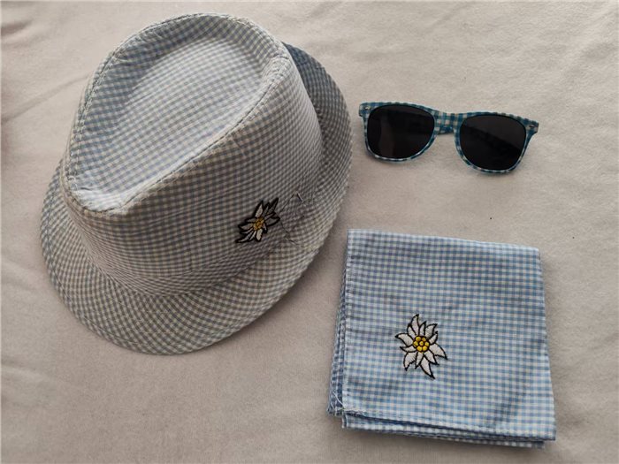 BLUE WHITE CHECKERED HAT SCARF GLASSES SET