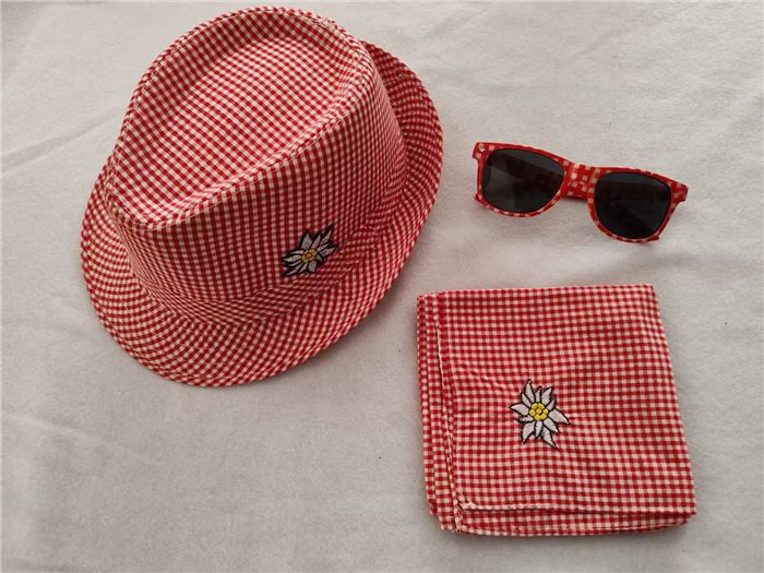 RED WHITE CHECKERED HAT SCARF GLASSES SET
