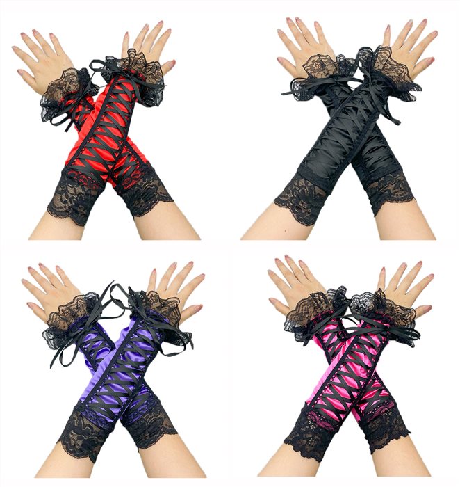 SATIN FINGERLESS GLOVES WITH LACE, 36CM